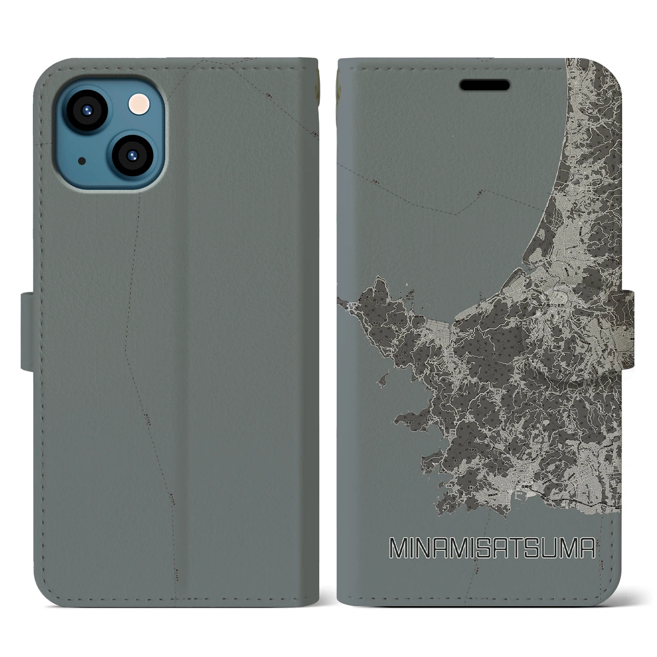 【南さつま(鹿児島県)】地図柄iPhoneケース(手帳タイプ)モノトーン・iPhone 13 用