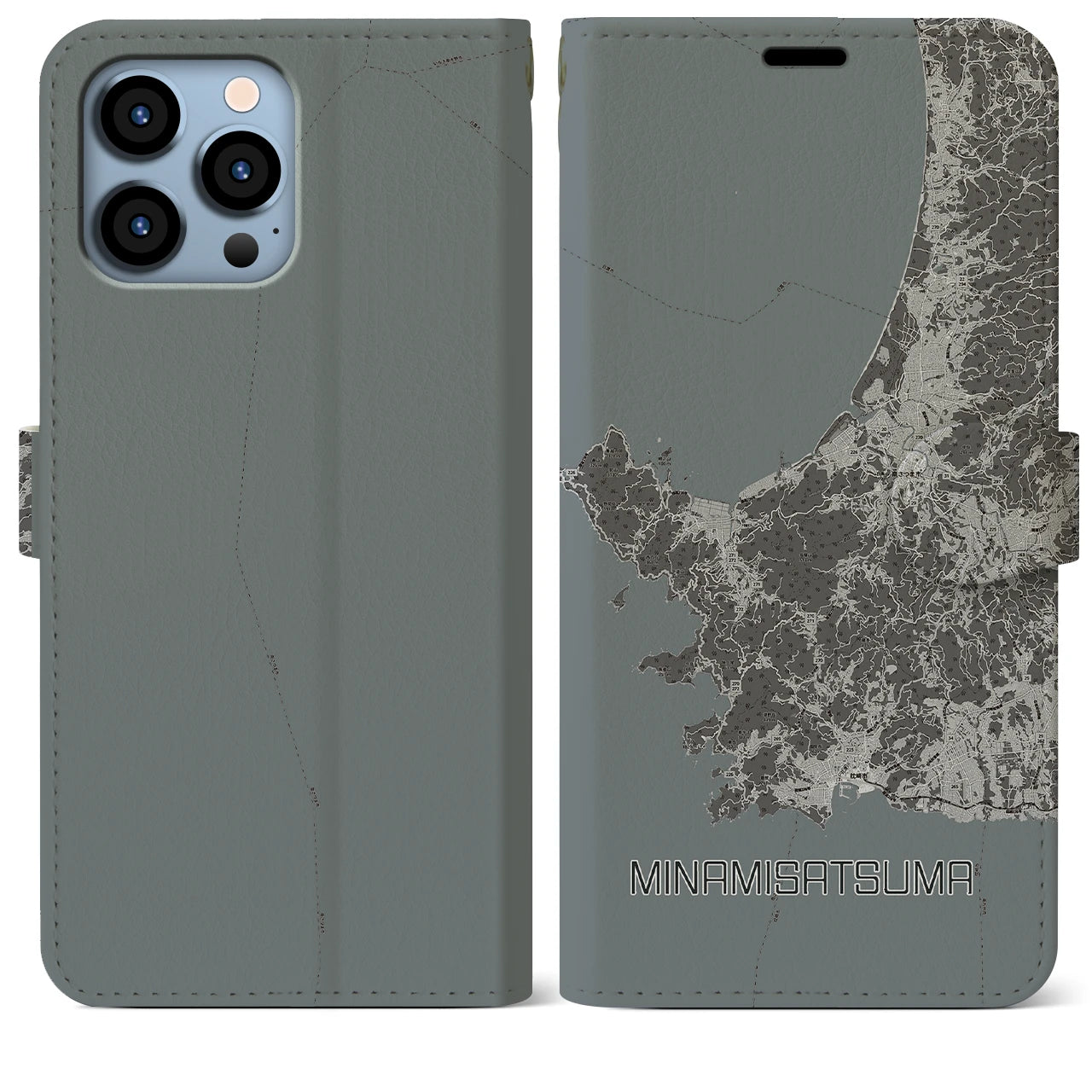 【南さつま(鹿児島県)】地図柄iPhoneケース(手帳タイプ)モノトーン・iPhone 13 Pro Max 用