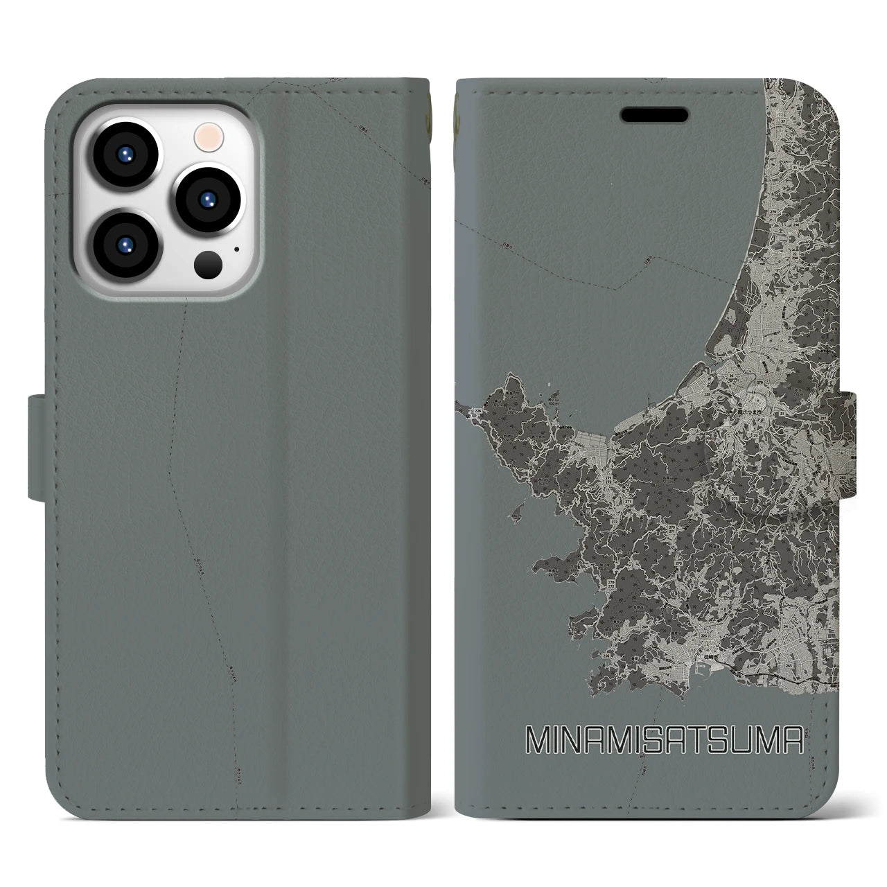 【南さつま(鹿児島県)】地図柄iPhoneケース(手帳タイプ)モノトーン・iPhone 13 Pro 用