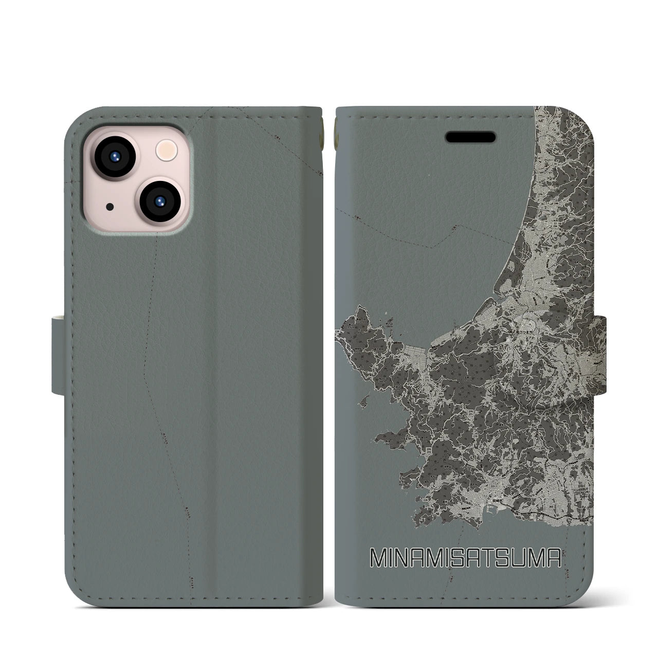 【南さつま(鹿児島県)】地図柄iPhoneケース(手帳タイプ)モノトーン・iPhone 13 mini 用