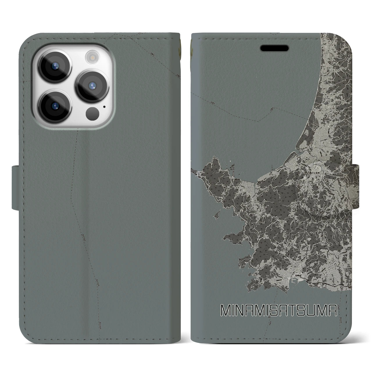 【南さつま(鹿児島県)】地図柄iPhoneケース(手帳タイプ)モノトーン・iPhone 14 Pro 用