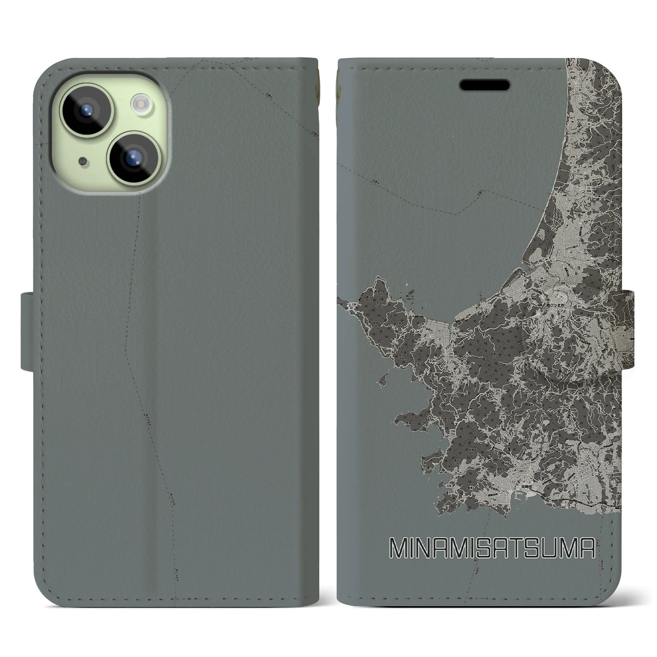 【南さつま(鹿児島県)】地図柄iPhoneケース(手帳タイプ)モノトーン・iPhone 15 用