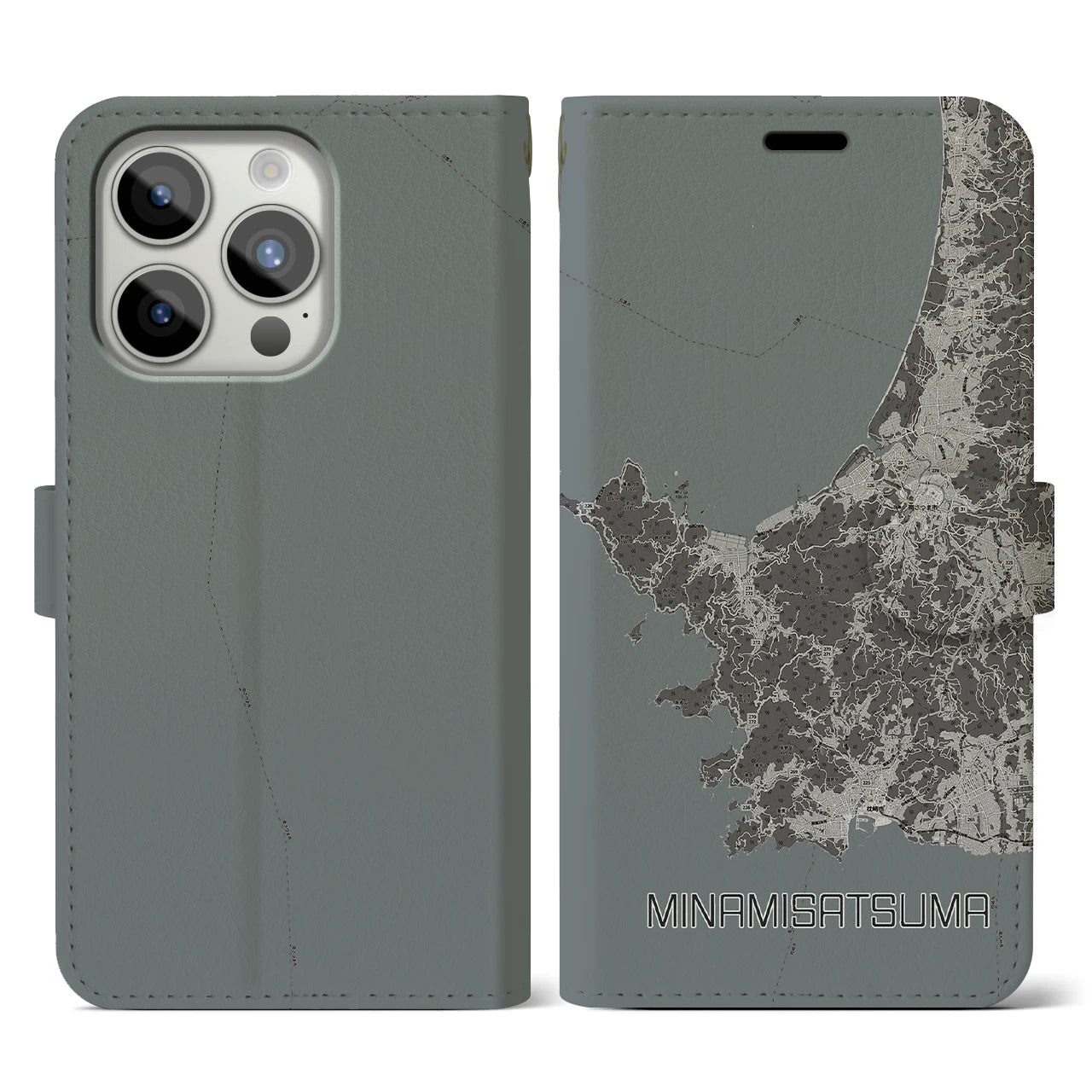 【南さつま(鹿児島県)】地図柄iPhoneケース(手帳タイプ)モノトーン・iPhone 15 Pro 用