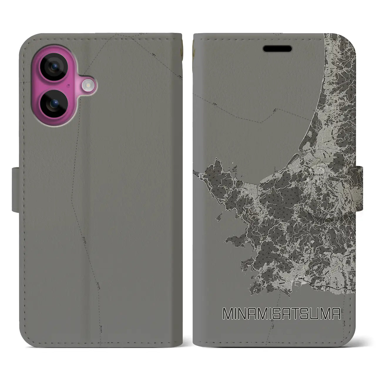 【南さつま(鹿児島県)】地図柄iPhoneケース(手帳タイプ)モノトーン・iPhone 16 Pro 用
