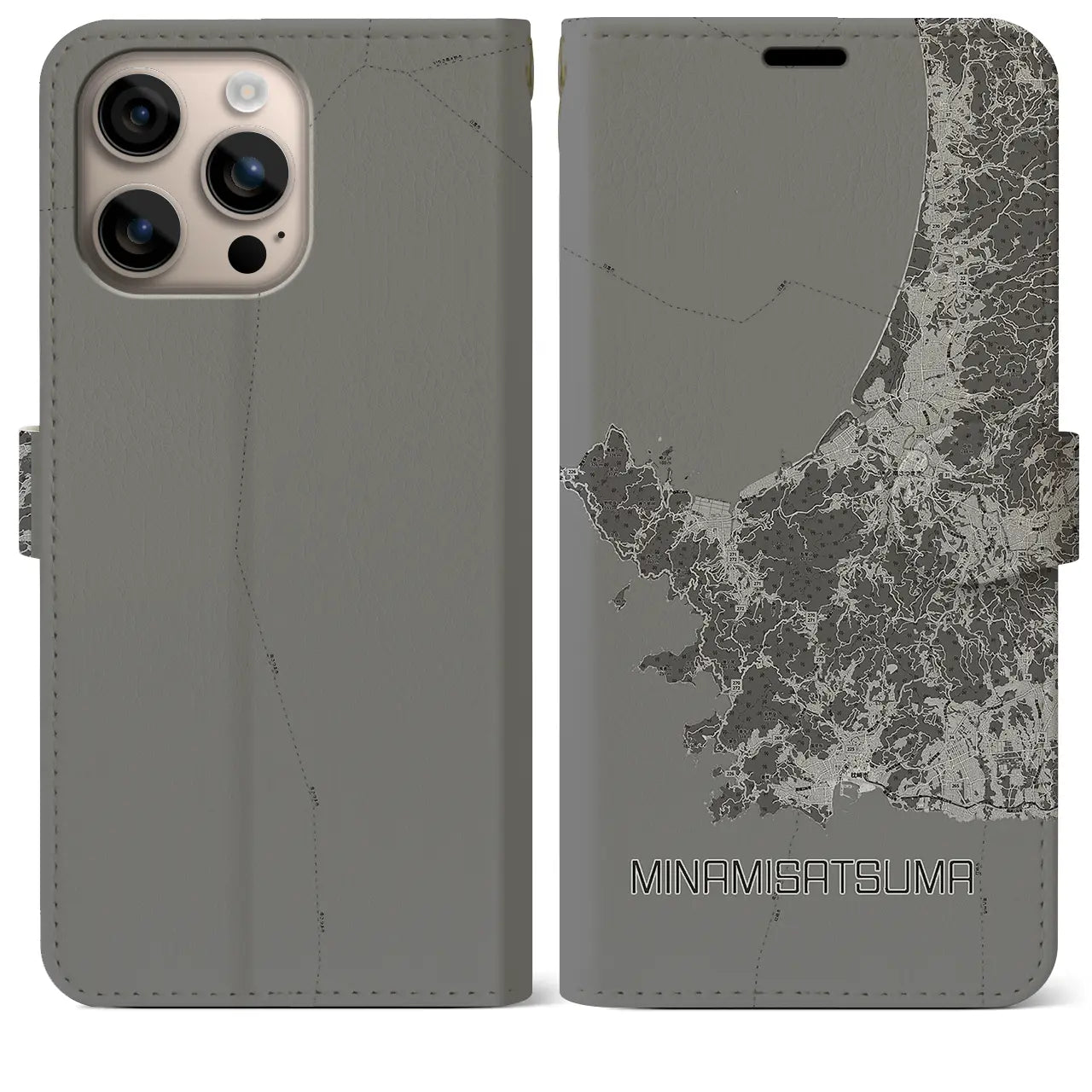 【南さつま(鹿児島県)】地図柄iPhoneケース(手帳タイプ)モノトーン・iPhone 16 Plus 用