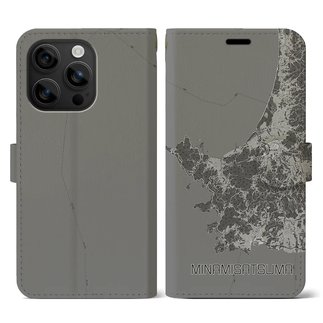 【南さつま(鹿児島県)】地図柄iPhoneケース(手帳タイプ)モノトーン・iPhone 16 用
