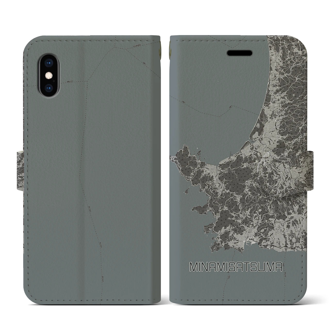 【南さつま(鹿児島県)】地図柄iPhoneケース(手帳タイプ)モノトーン・iPhone XS / X 用
