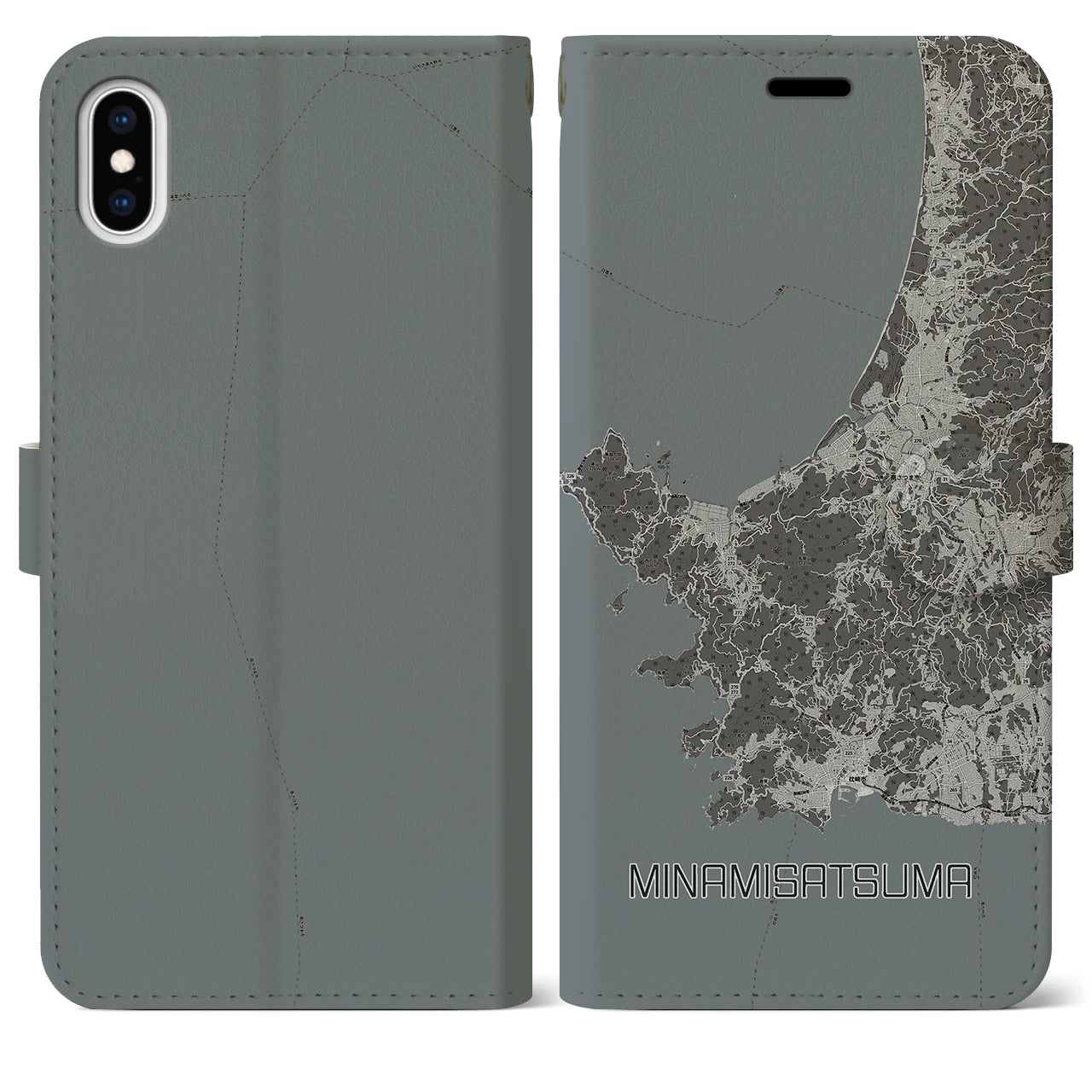 【南さつま(鹿児島県)】地図柄iPhoneケース(手帳タイプ)モノトーン・iPhone XS Max 用