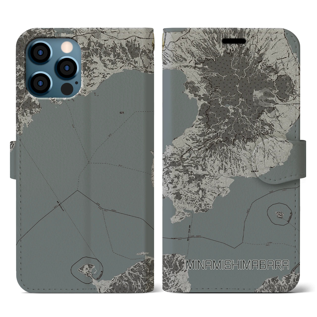 【南島原(長崎県)】地図柄iPhoneケース(手帳タイプ)モノトーン・iPhone 12 / 12 Pro 用