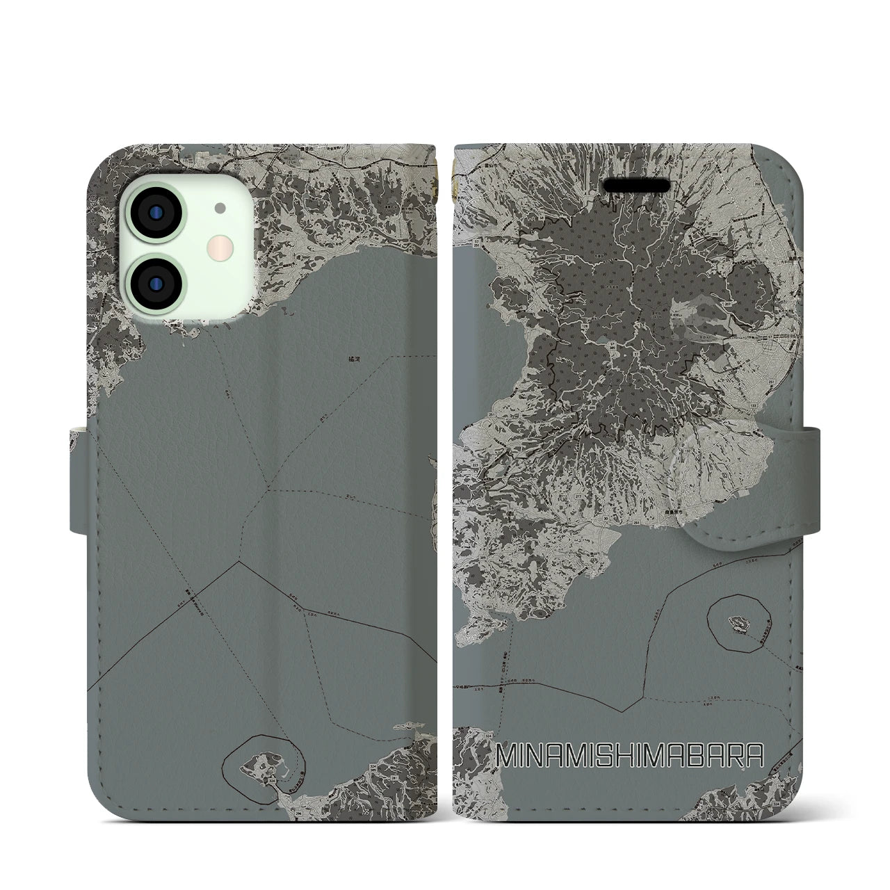 【南島原(長崎県)】地図柄iPhoneケース(手帳タイプ)モノトーン・iPhone 12 mini 用