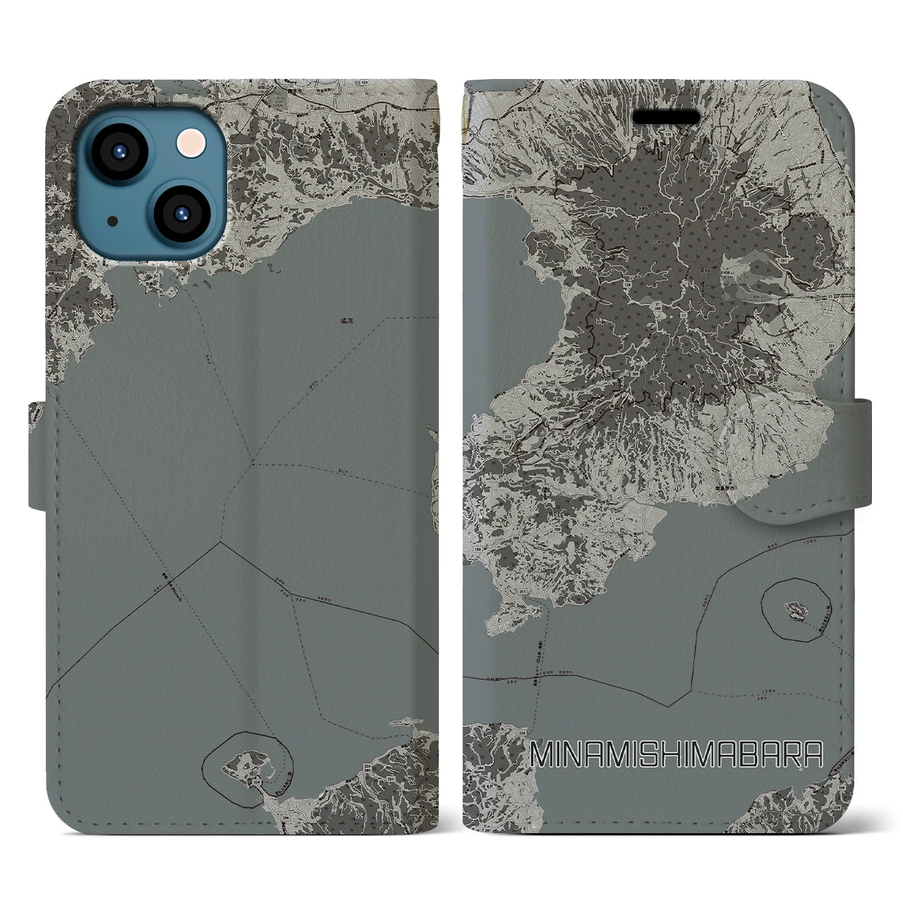 【南島原(長崎県)】地図柄iPhoneケース(手帳タイプ)モノトーン・iPhone 13 用