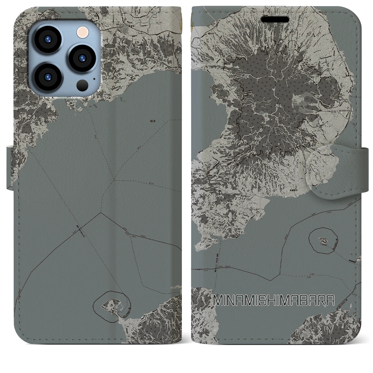 【南島原(長崎県)】地図柄iPhoneケース(手帳タイプ)モノトーン・iPhone 13 Pro Max 用