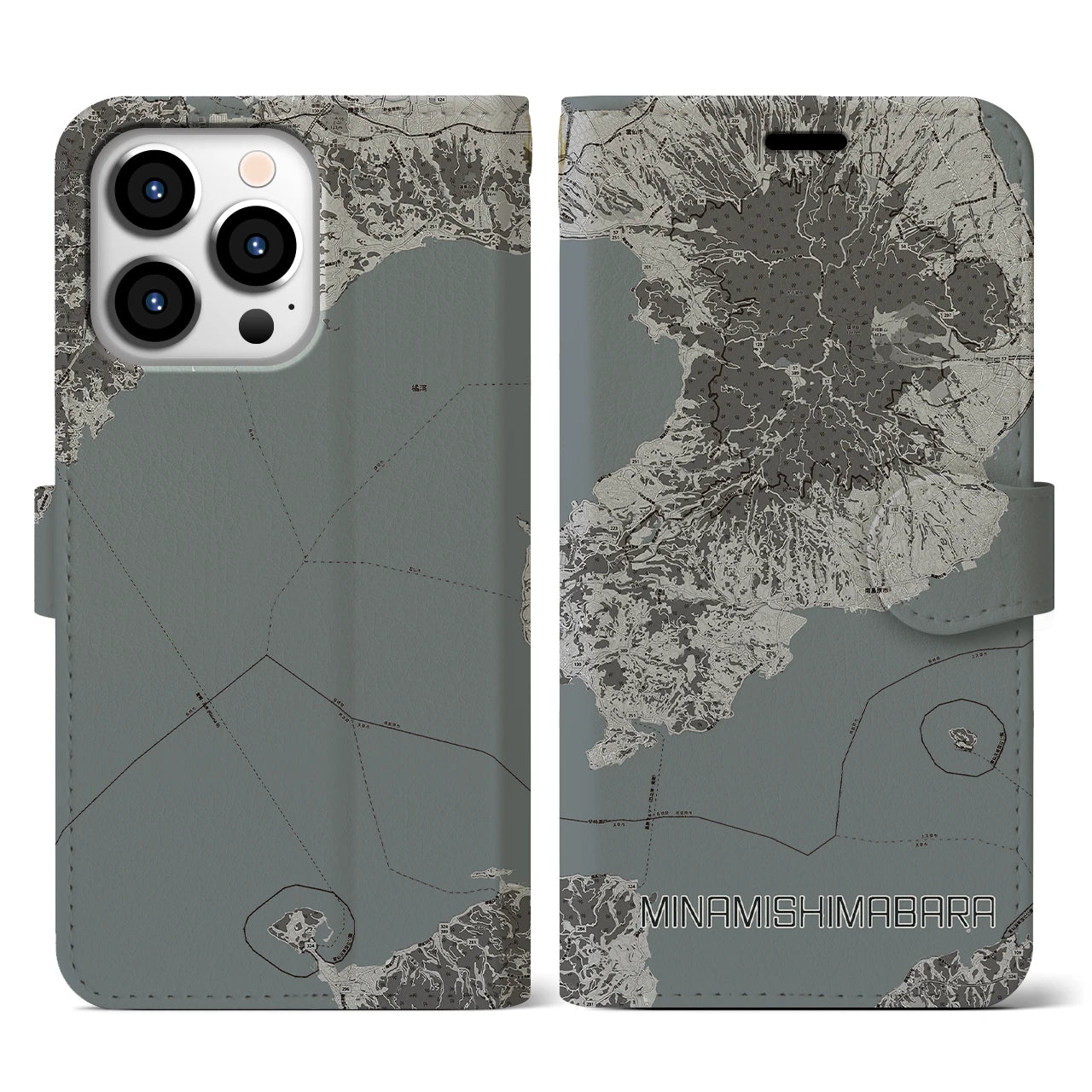 【南島原(長崎県)】地図柄iPhoneケース(手帳タイプ)モノトーン・iPhone 13 Pro 用