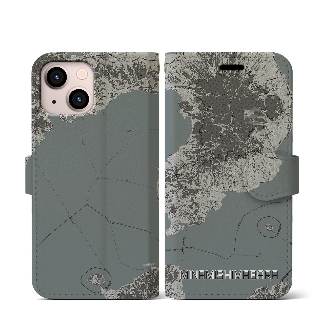 【南島原(長崎県)】地図柄iPhoneケース(手帳タイプ)モノトーン・iPhone 13 mini 用
