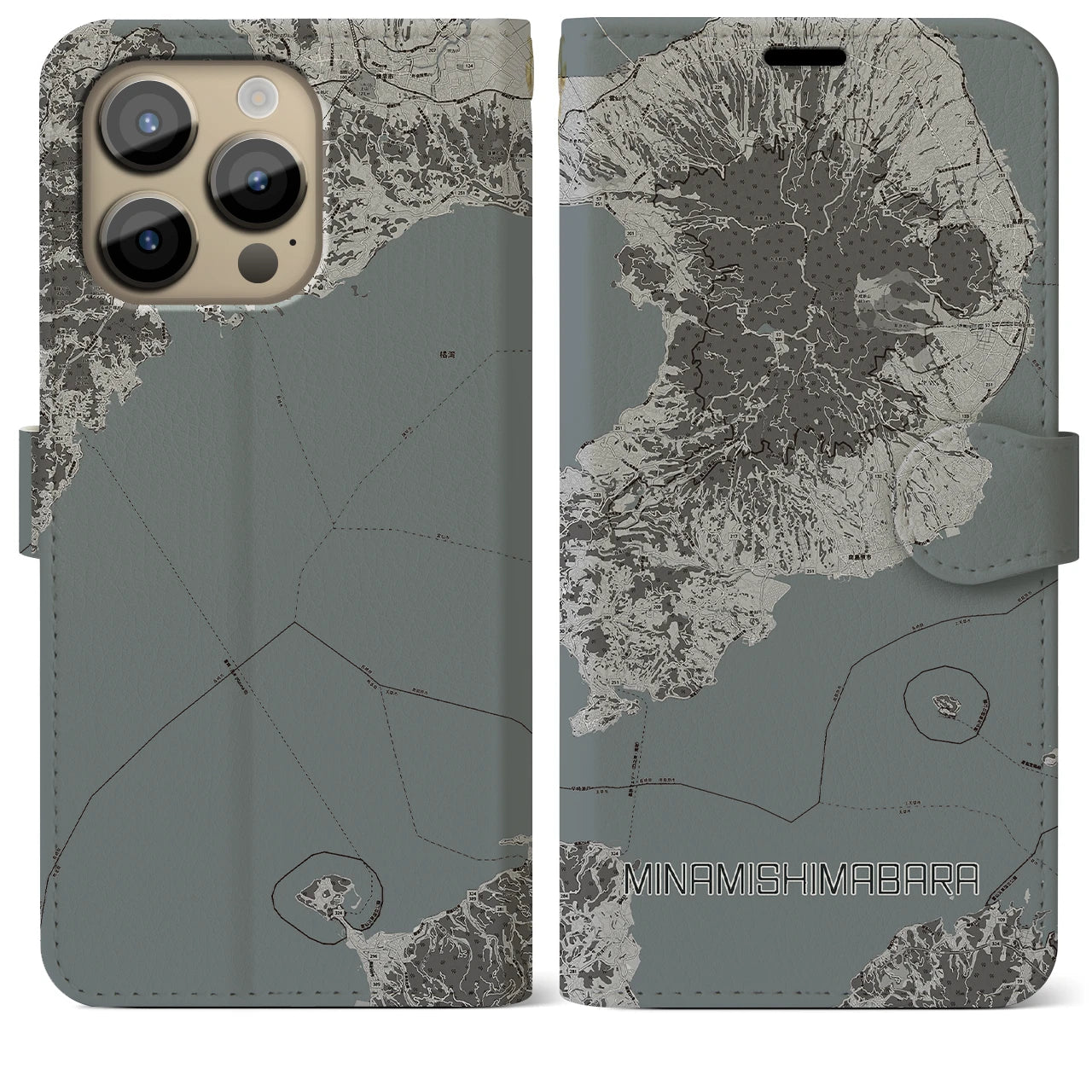 【南島原(長崎県)】地図柄iPhoneケース(手帳タイプ)モノトーン・iPhone 14 Pro Max 用