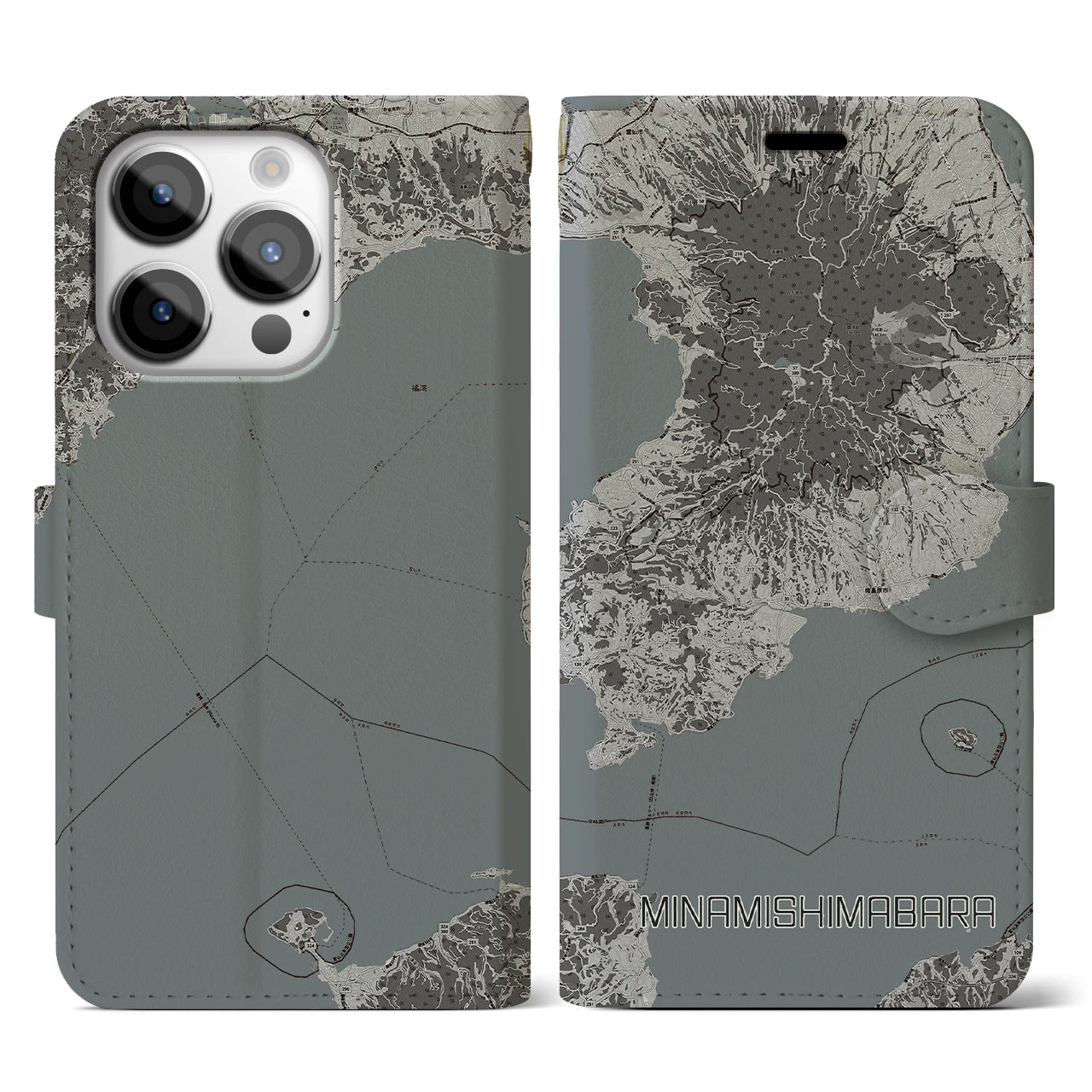 【南島原(長崎県)】地図柄iPhoneケース(手帳タイプ)モノトーン・iPhone 14 Pro 用