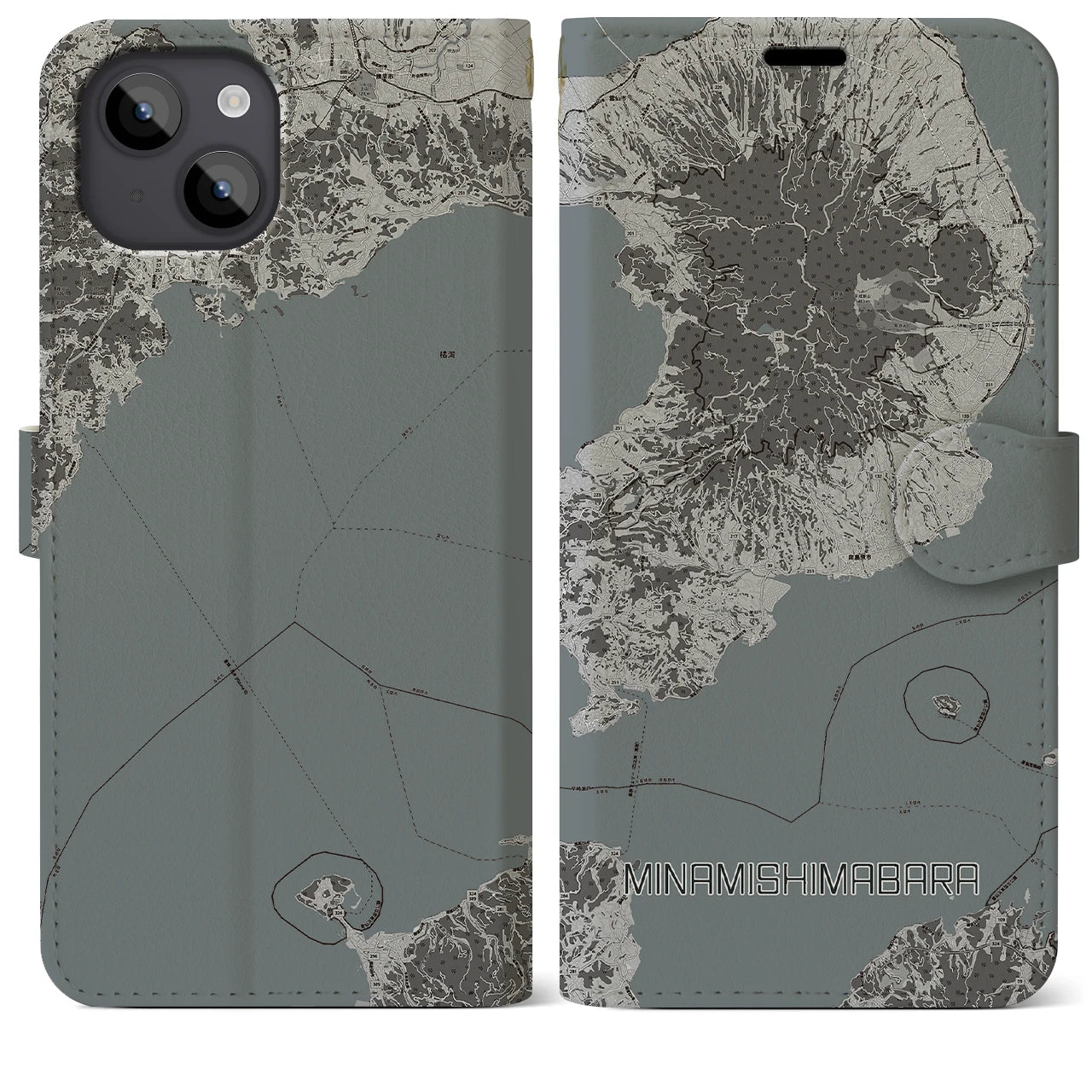 【南島原(長崎県)】地図柄iPhoneケース(手帳タイプ)モノトーン・iPhone 14 Plus 用