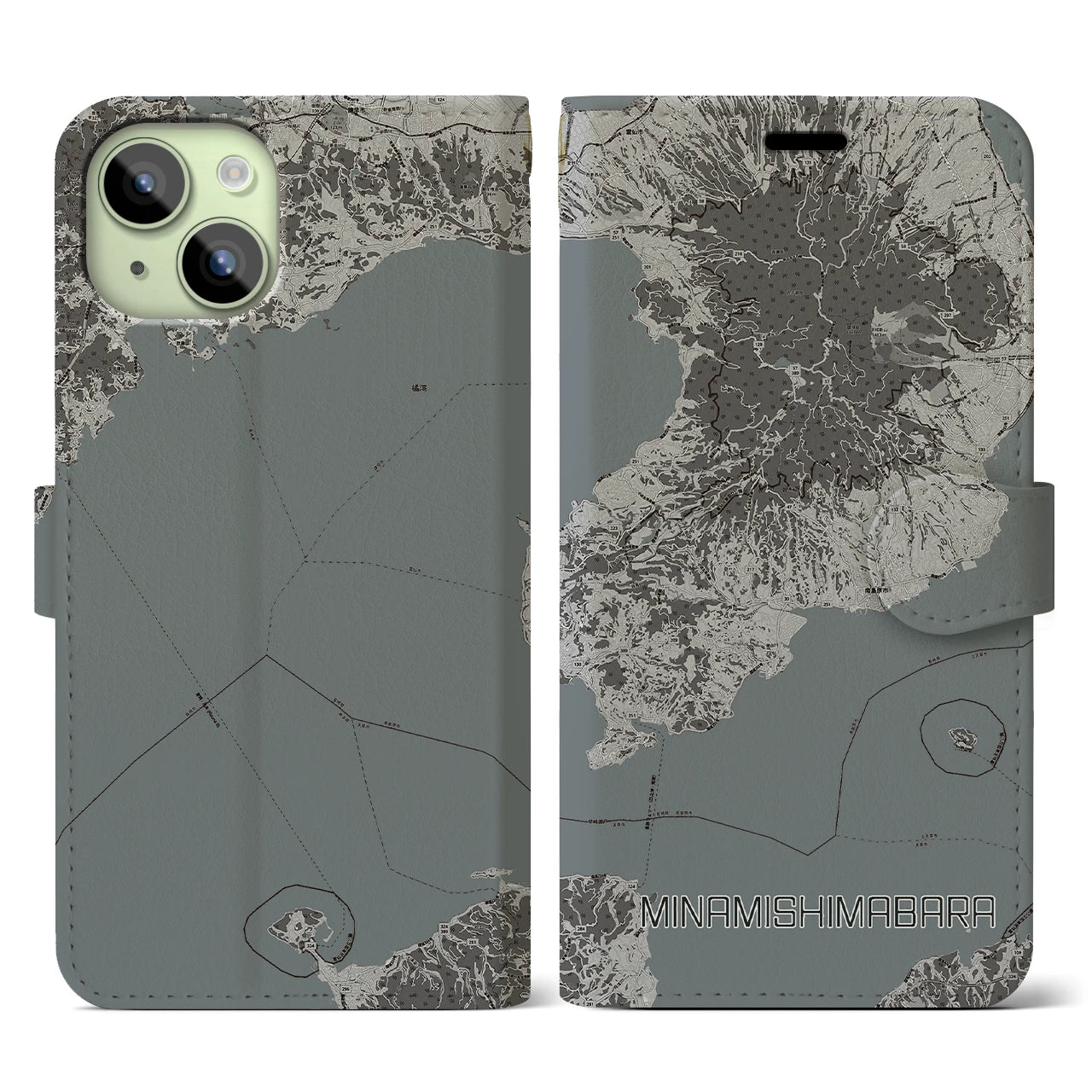 【南島原(長崎県)】地図柄iPhoneケース(手帳タイプ)モノトーン・iPhone 15 用