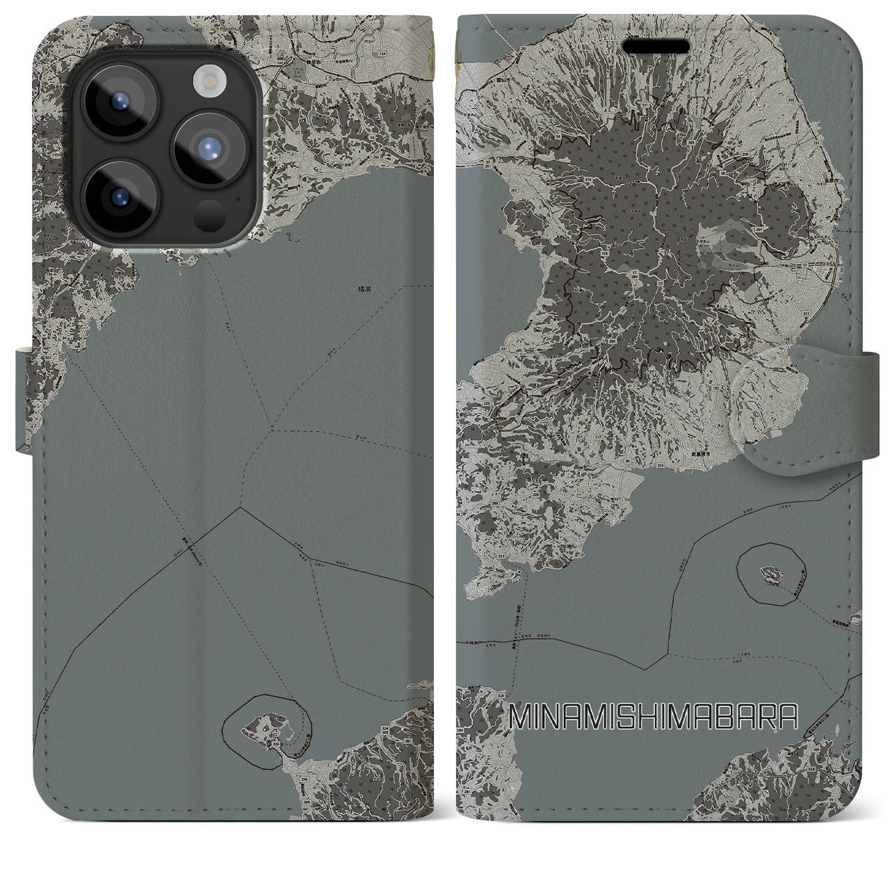 【南島原(長崎県)】地図柄iPhoneケース(手帳タイプ)モノトーン・iPhone 15 Pro Max 用