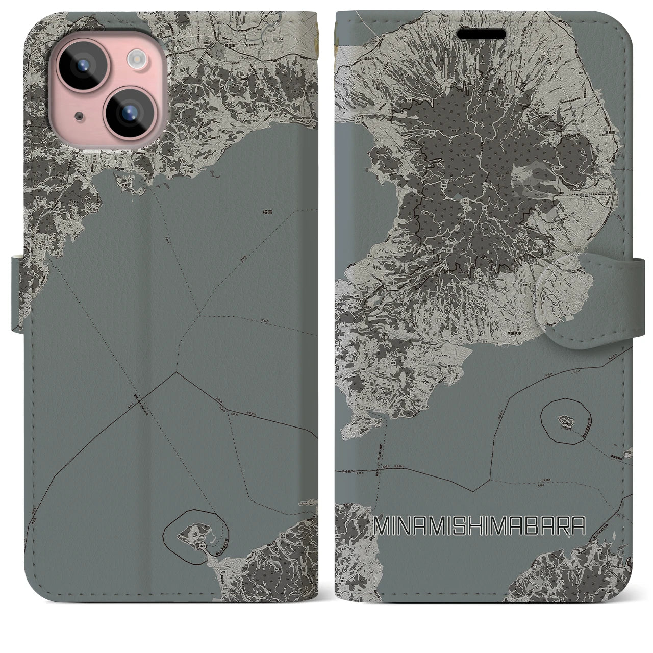 【南島原(長崎県)】地図柄iPhoneケース(手帳タイプ)モノトーン・iPhone 15 Plus 用
