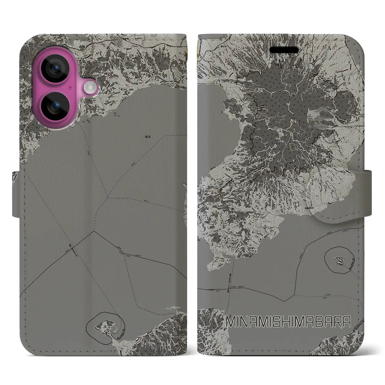 【南島原(長崎県)】地図柄iPhoneケース(手帳タイプ)モノトーン・iPhone 16 Pro 用