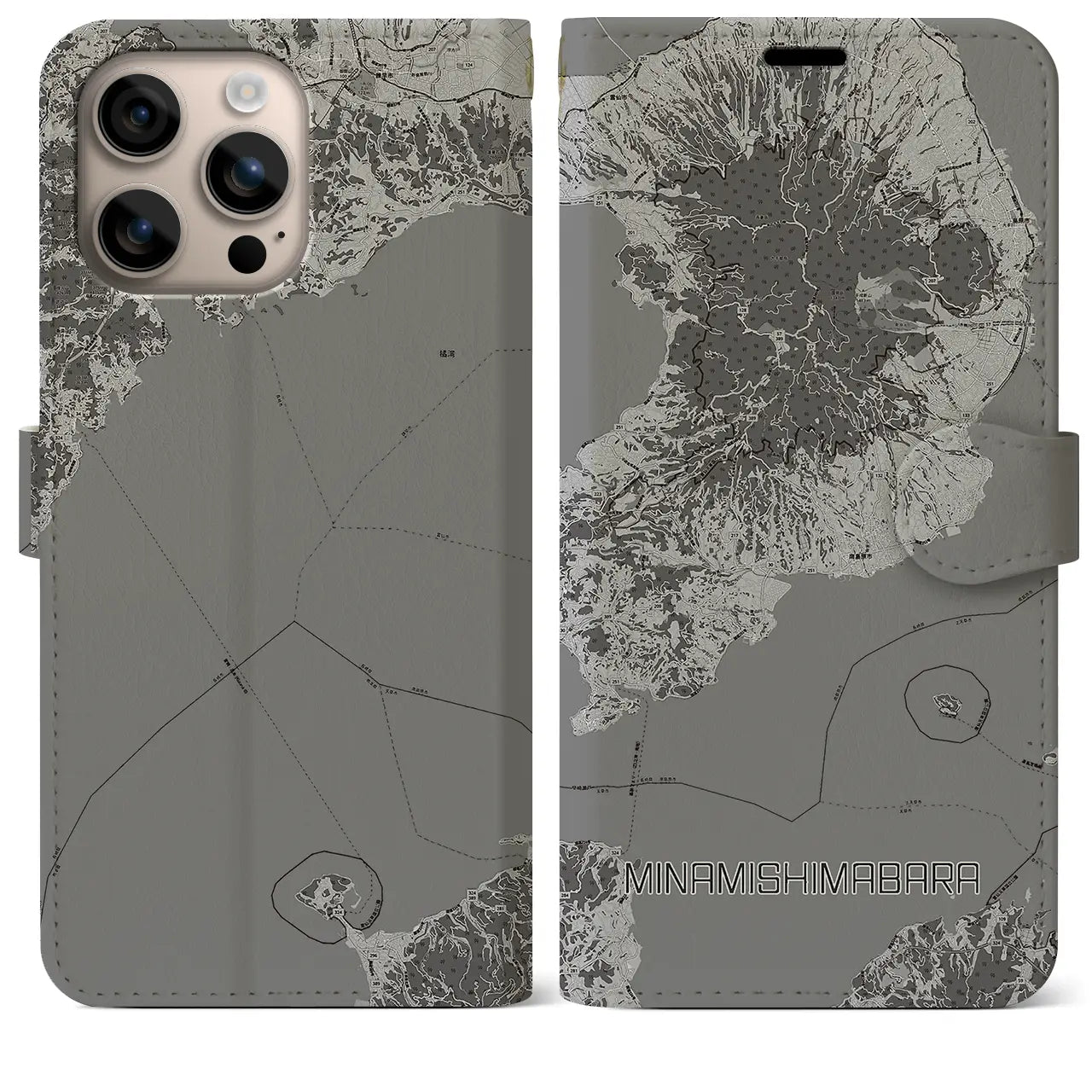 【南島原(長崎県)】地図柄iPhoneケース(手帳タイプ)モノトーン・iPhone 16 Plus 用