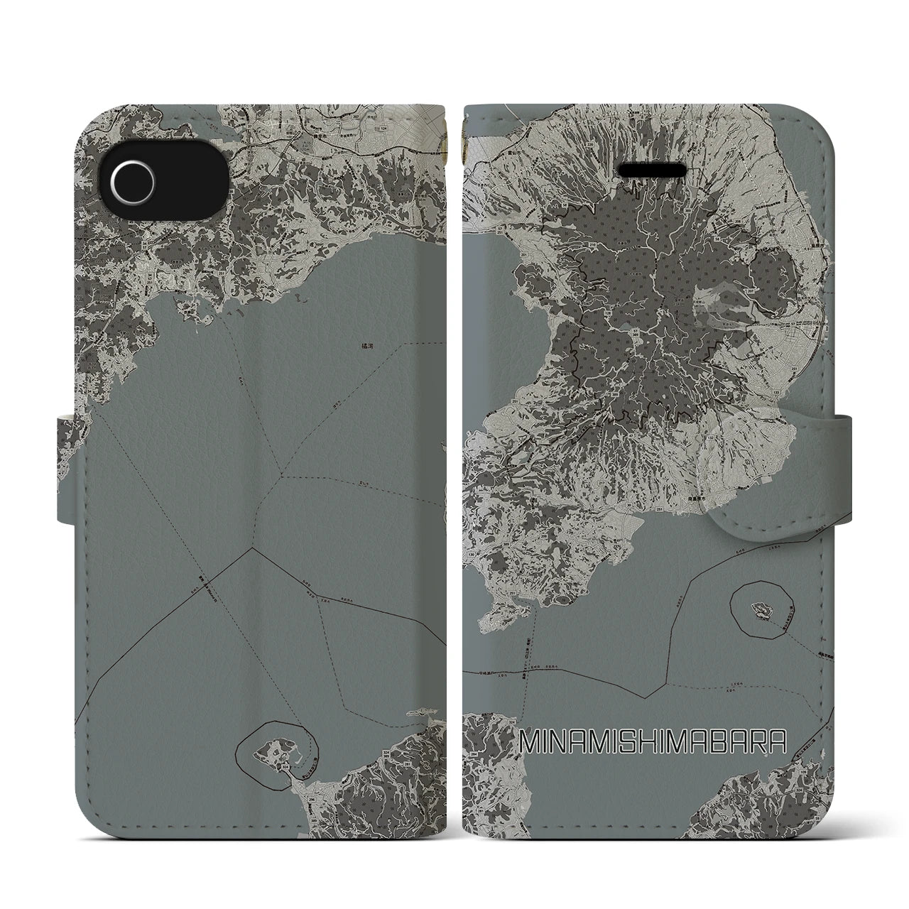 【南島原(長崎県)】地図柄iPhoneケース(手帳タイプ)モノトーン・iPhone SE(第3 / 第2世代) / 8 / 7 / 6s / 6 用