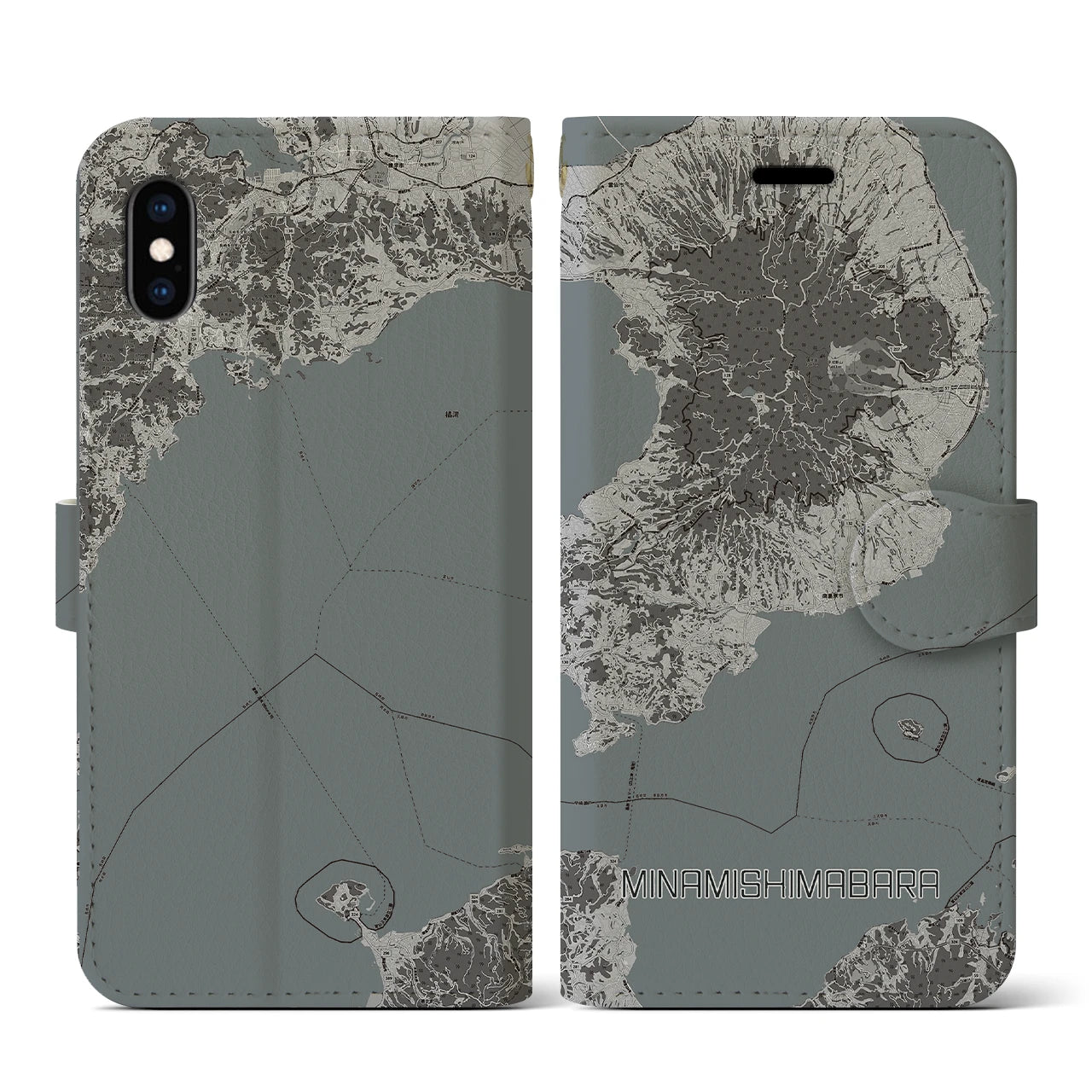 【南島原(長崎県)】地図柄iPhoneケース(手帳タイプ)モノトーン・iPhone XS / X 用