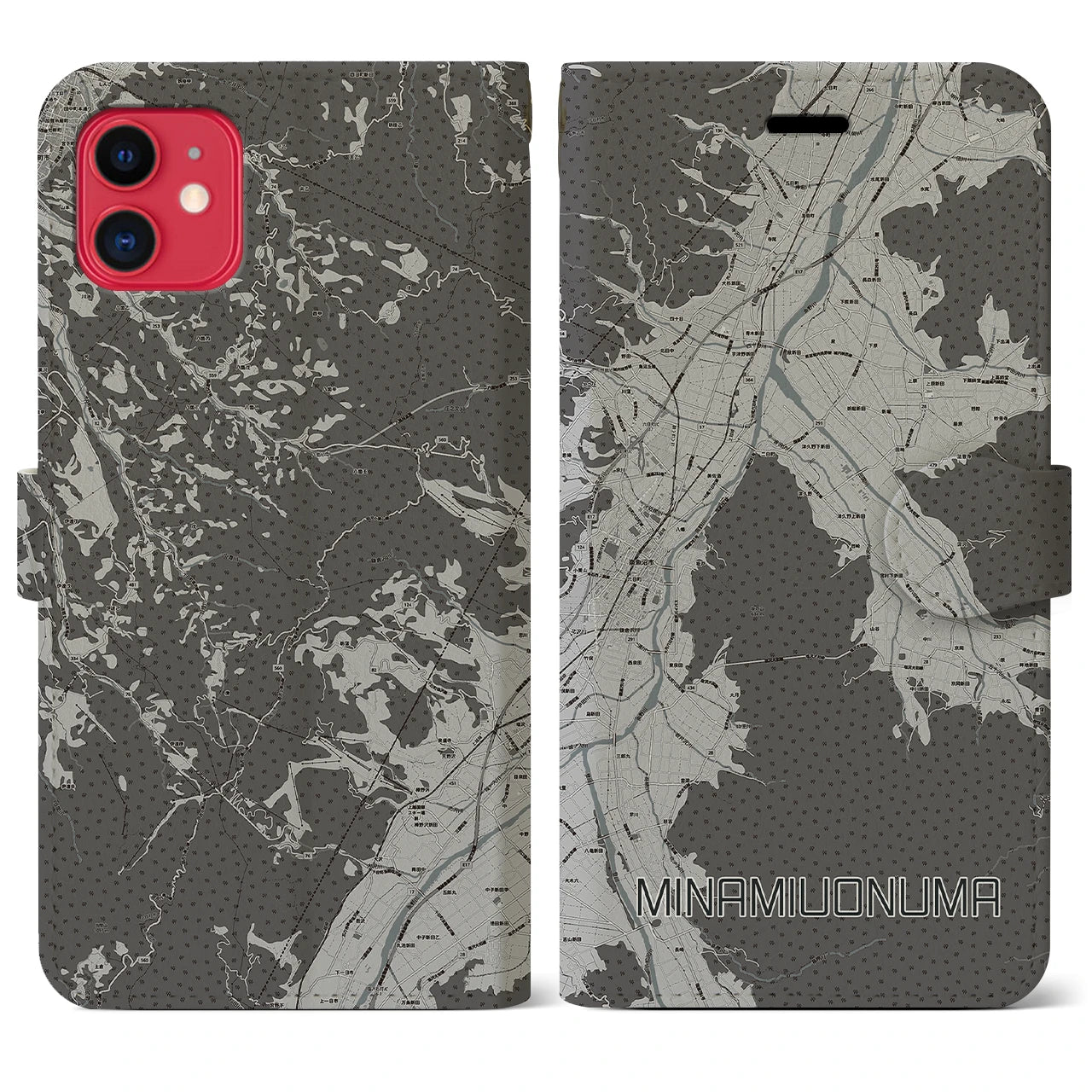 【南魚沼(新潟県)】地図柄iPhoneケース(手帳タイプ)モノトーン・iPhone 11 用