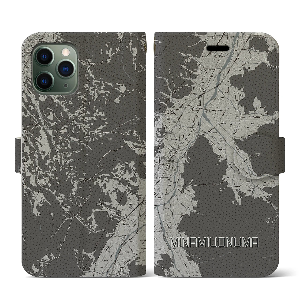 【南魚沼(新潟県)】地図柄iPhoneケース(手帳タイプ)モノトーン・iPhone 11 Pro 用