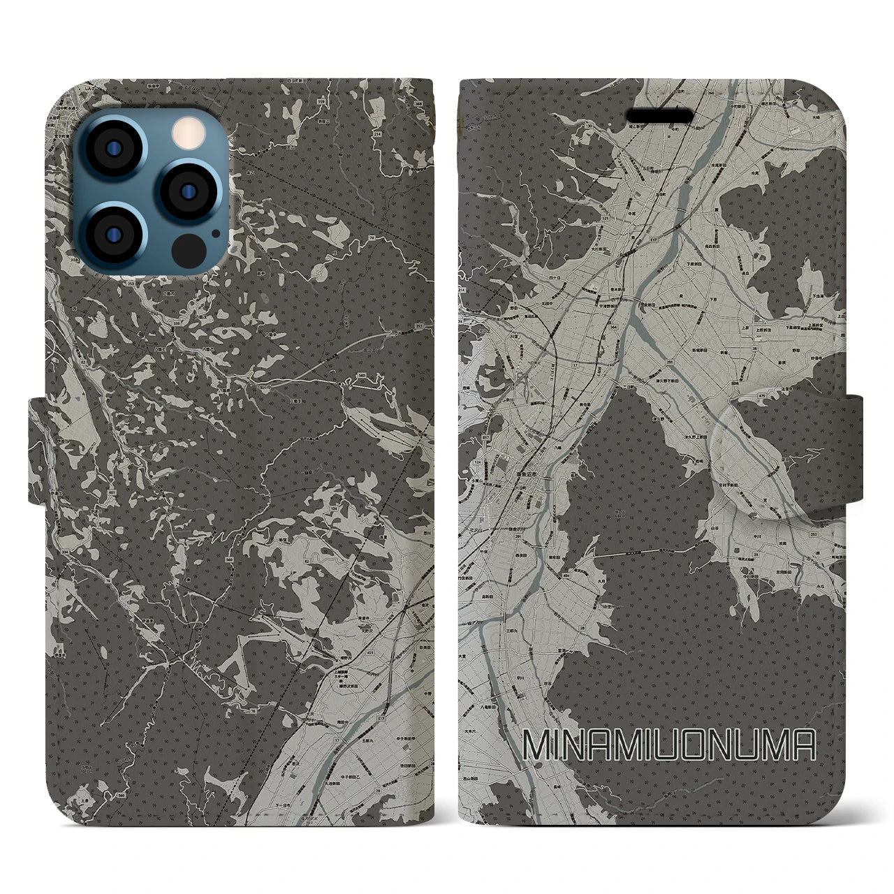 【南魚沼(新潟県)】地図柄iPhoneケース(手帳タイプ)モノトーン・iPhone 12 / 12 Pro 用