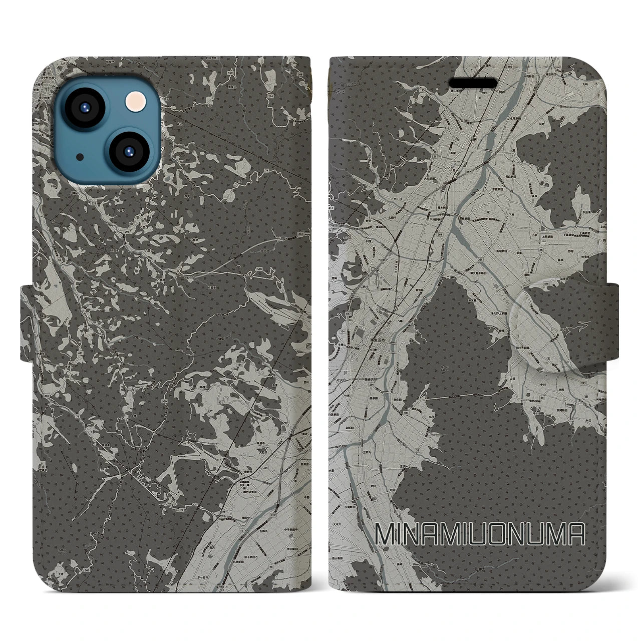 【南魚沼(新潟県)】地図柄iPhoneケース(手帳タイプ)モノトーン・iPhone 13 用