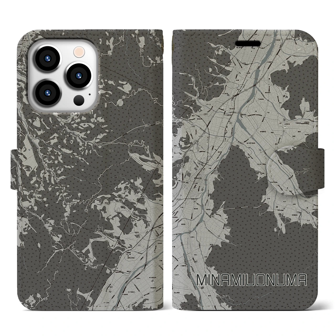 【南魚沼(新潟県)】地図柄iPhoneケース(手帳タイプ)モノトーン・iPhone 13 Pro 用