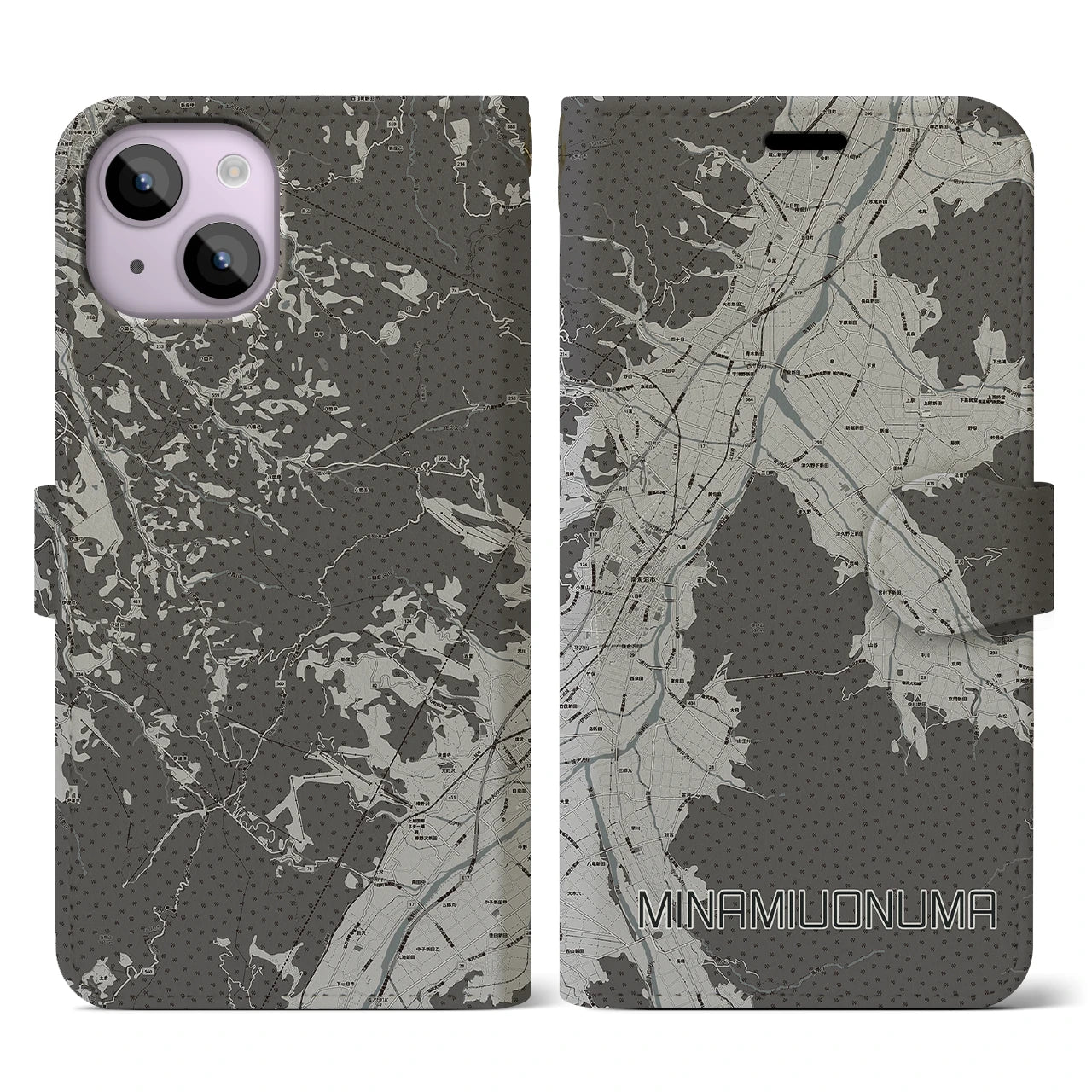 【南魚沼(新潟県)】地図柄iPhoneケース(手帳タイプ)モノトーン・iPhone 14 用