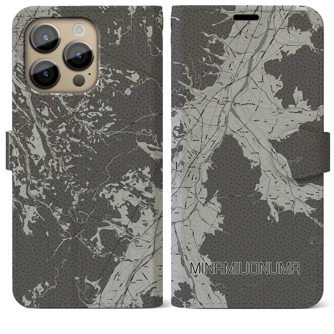 【南魚沼(新潟県)】地図柄iPhoneケース(手帳タイプ)モノトーン・iPhone 14 Pro Max 用