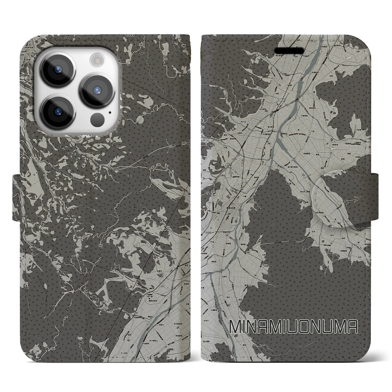 【南魚沼(新潟県)】地図柄iPhoneケース(手帳タイプ)モノトーン・iPhone 14 Pro 用