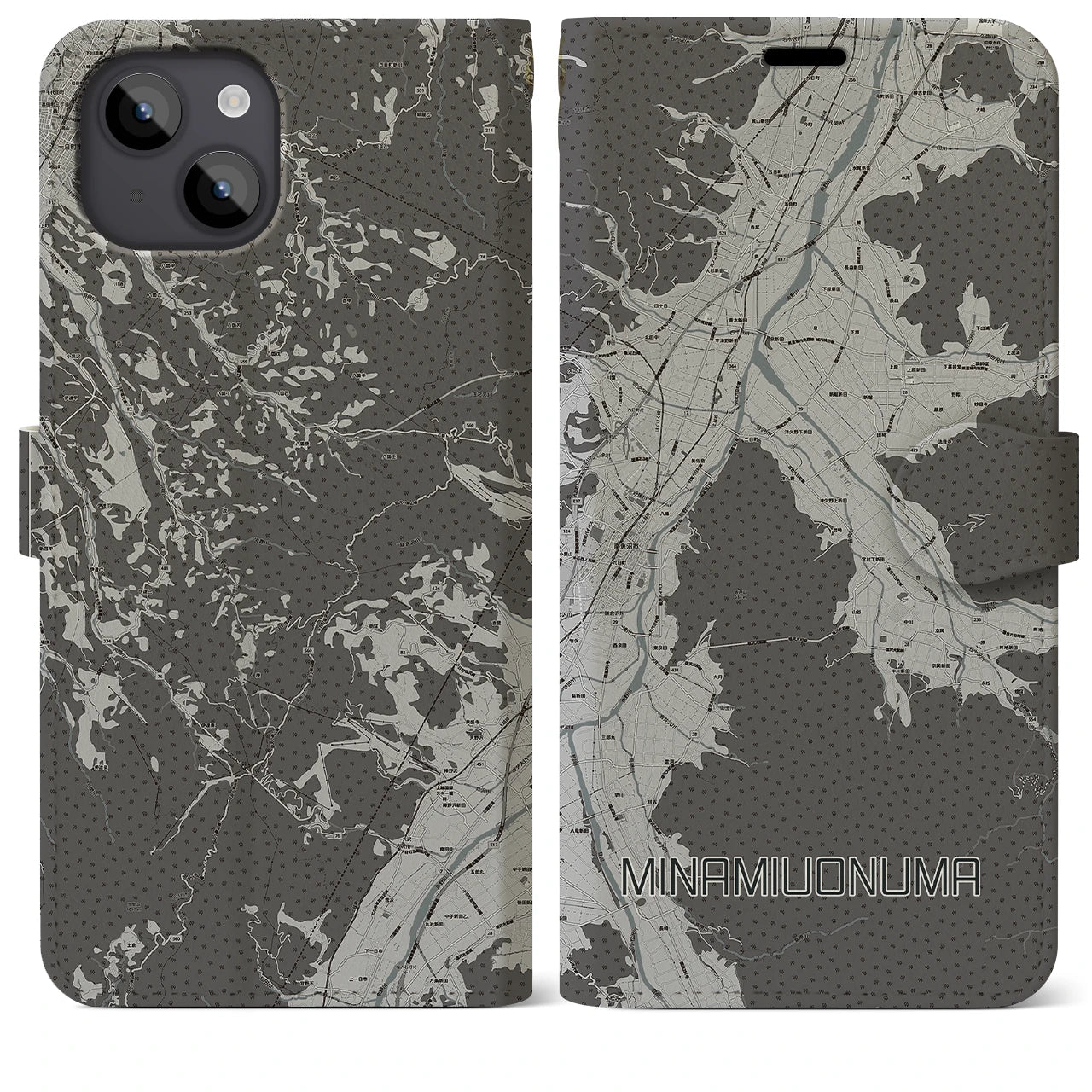【南魚沼(新潟県)】地図柄iPhoneケース(手帳タイプ)モノトーン・iPhone 14 Plus 用