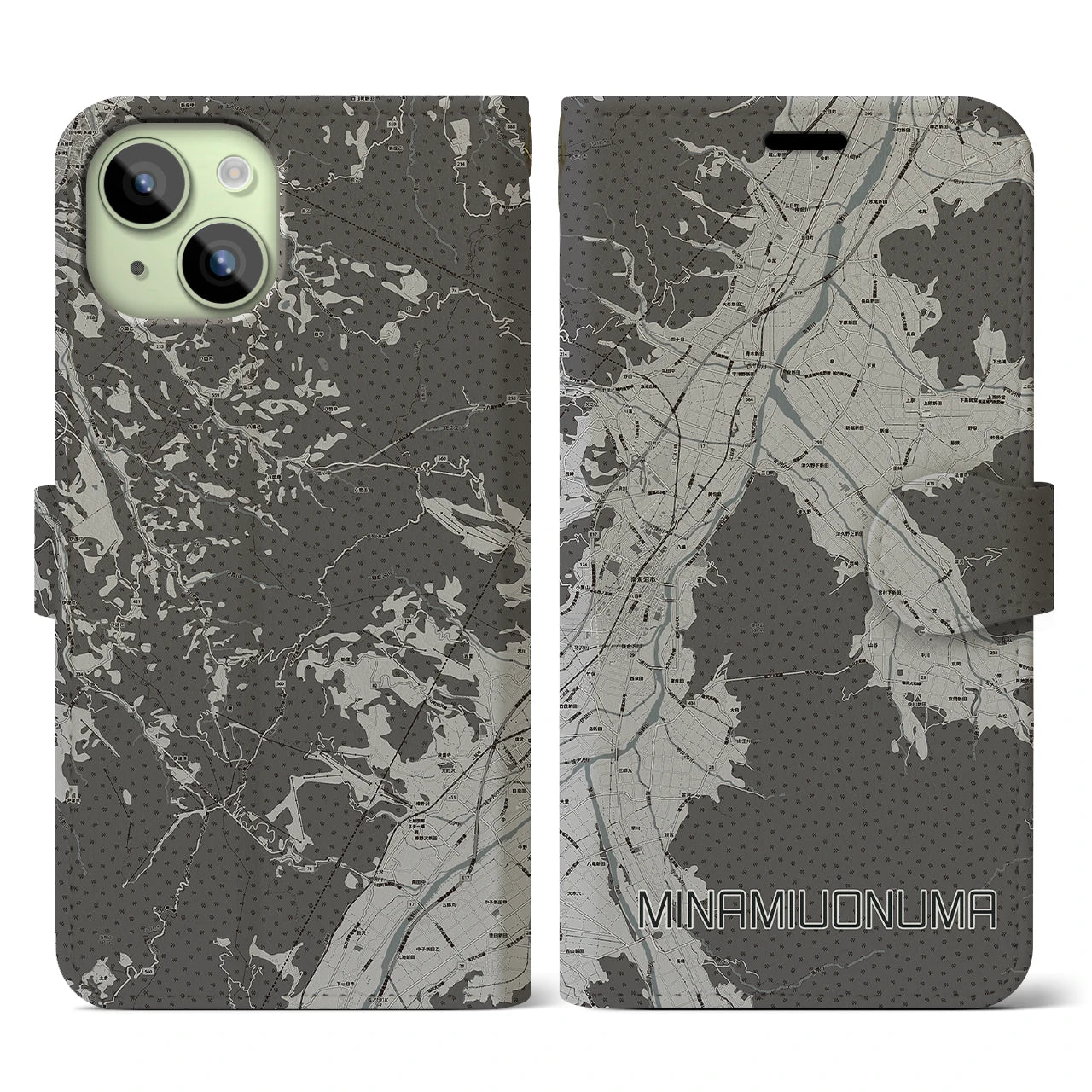 【南魚沼(新潟県)】地図柄iPhoneケース(手帳タイプ)モノトーン・iPhone 15 用