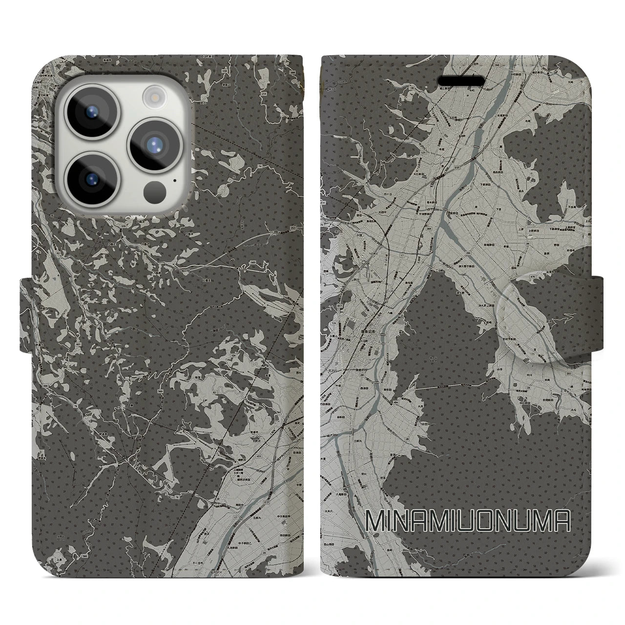 【南魚沼(新潟県)】地図柄iPhoneケース(手帳タイプ)モノトーン・iPhone 15 Pro 用