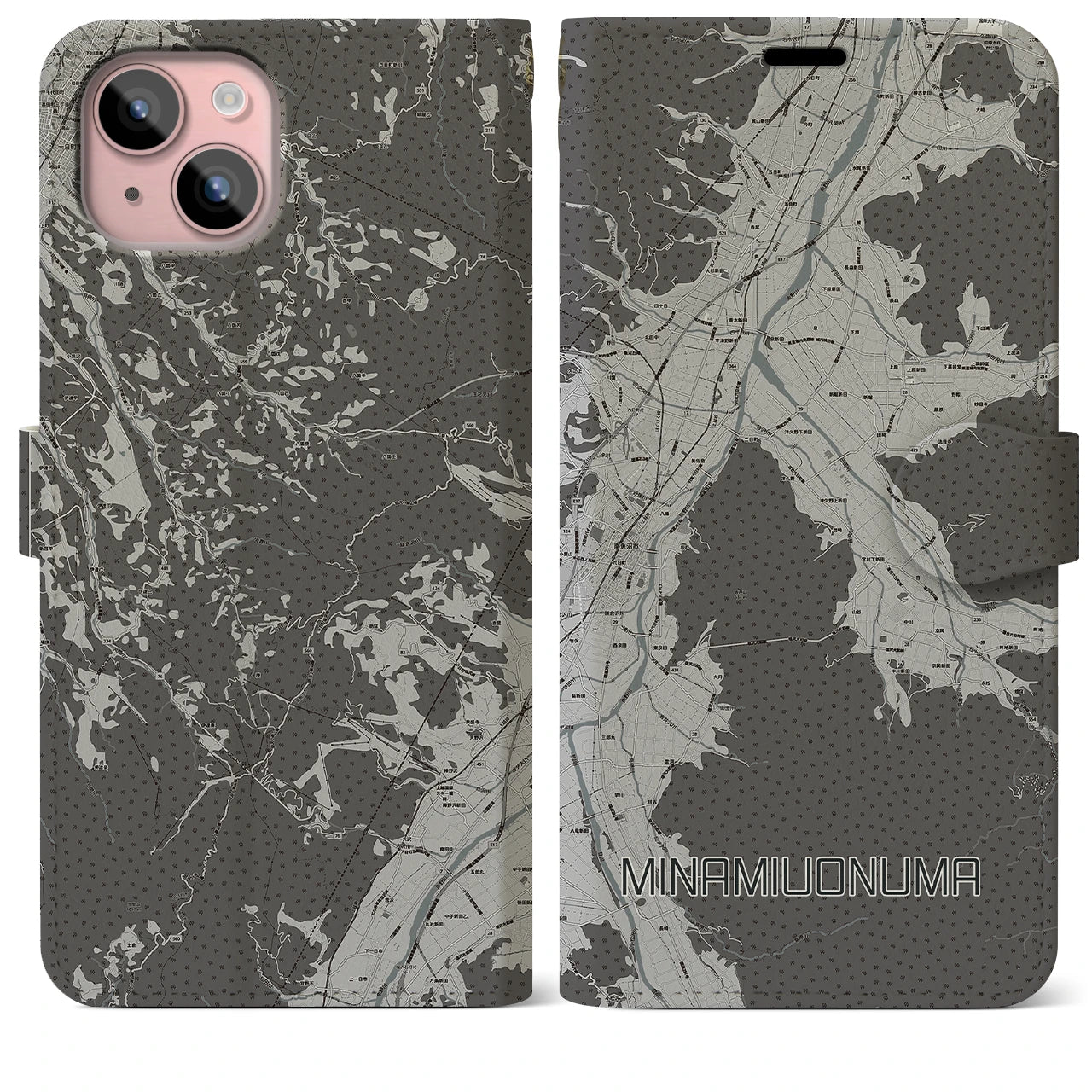 【南魚沼(新潟県)】地図柄iPhoneケース(手帳タイプ)モノトーン・iPhone 15 Plus 用