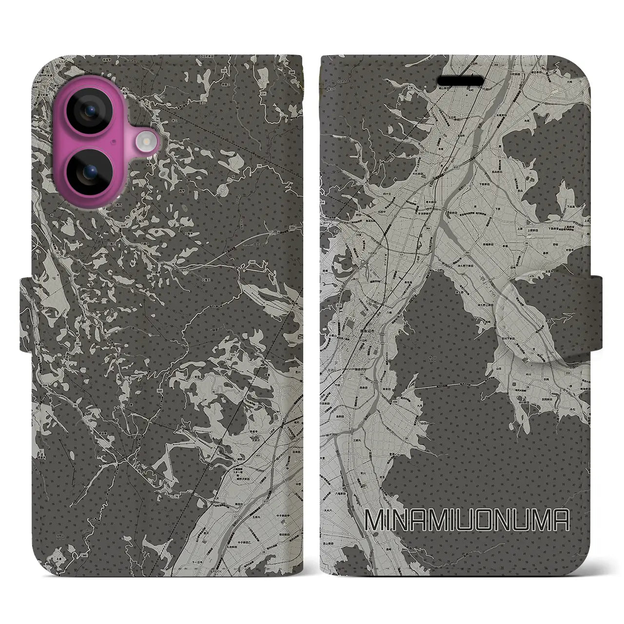 【南魚沼(新潟県)】地図柄iPhoneケース(手帳タイプ)モノトーン・iPhone 16 Pro 用