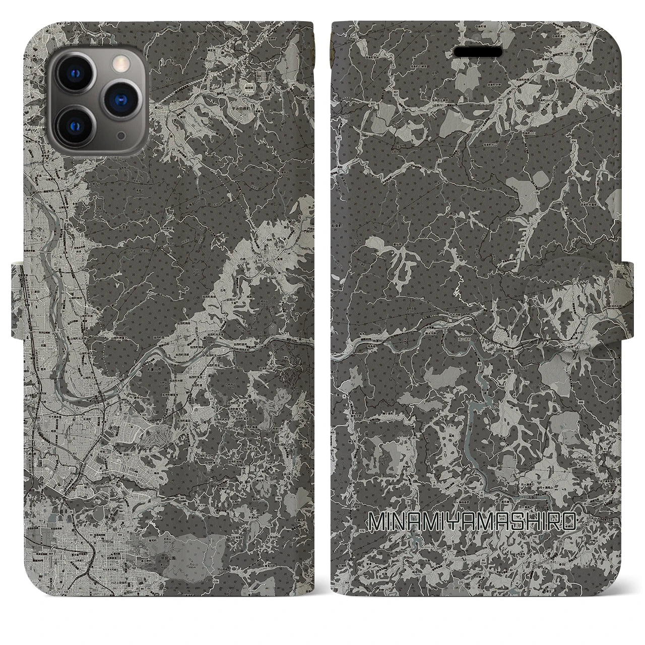 【南山城(京都府)】地図柄iPhoneケース(手帳タイプ)モノトーン・iPhone 11 Pro Max 用