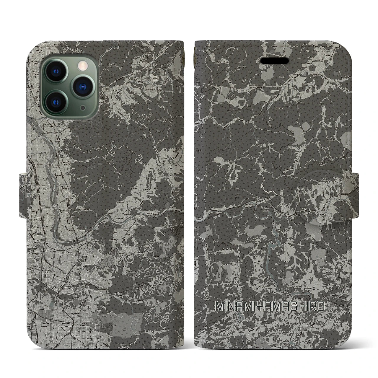 【南山城(京都府)】地図柄iPhoneケース(手帳タイプ)モノトーン・iPhone 11 Pro 用