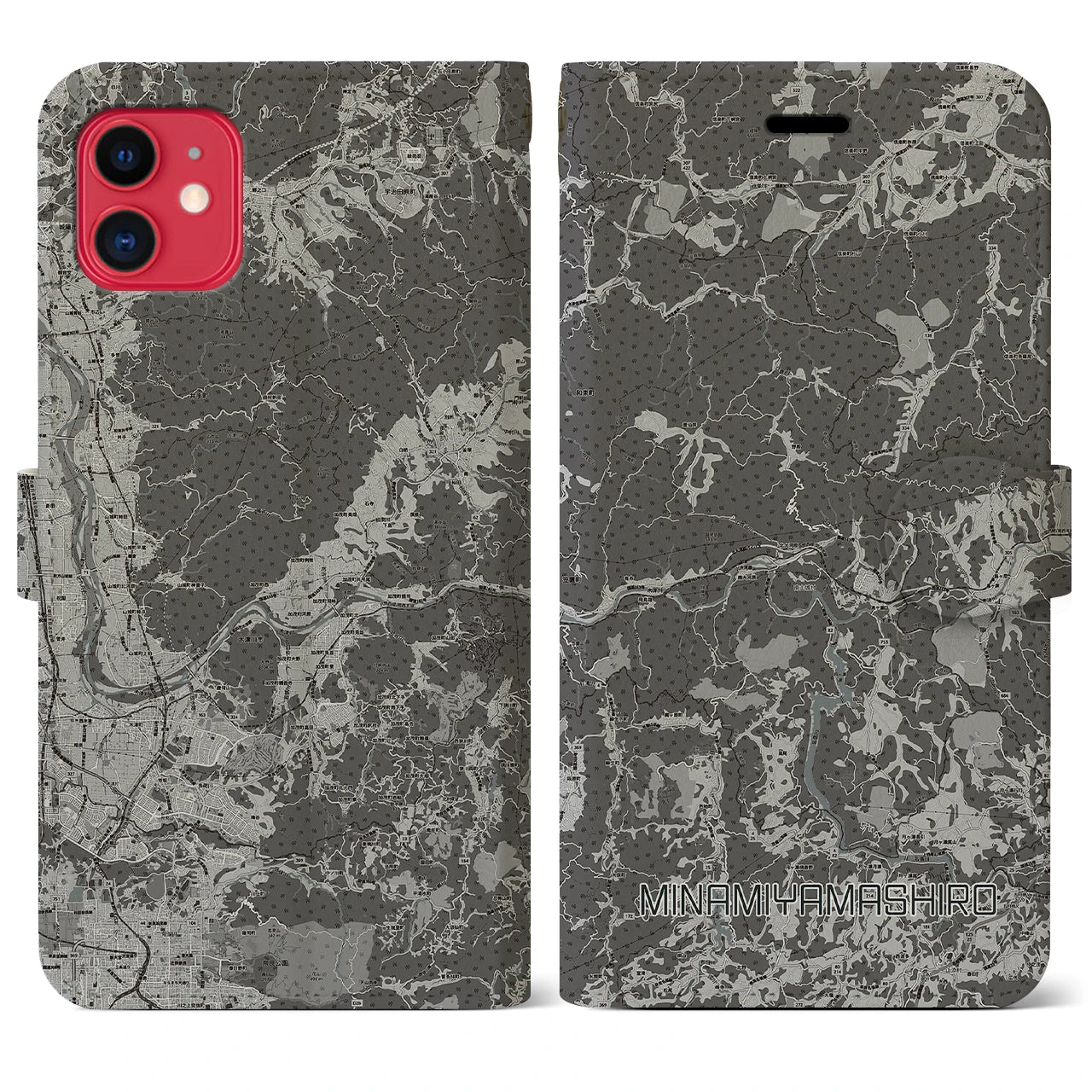 【南山城(京都府)】地図柄iPhoneケース(手帳タイプ)モノトーン・iPhone 11 用