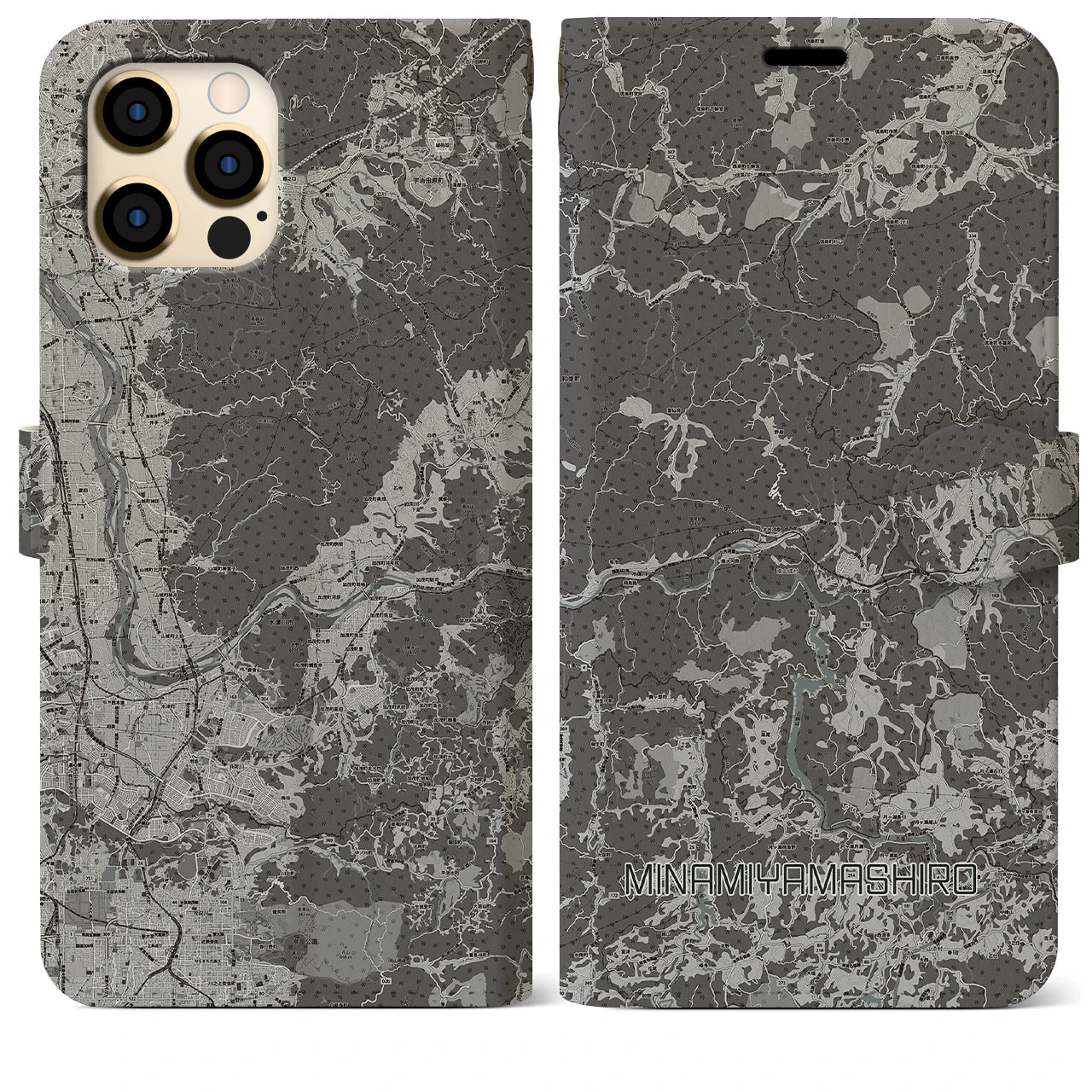 【南山城(京都府)】地図柄iPhoneケース(手帳タイプ)モノトーン・iPhone 12 Pro Max 用