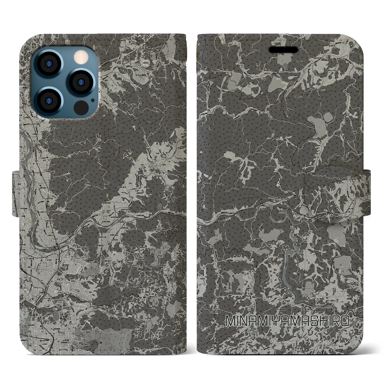 【南山城(京都府)】地図柄iPhoneケース(手帳タイプ)モノトーン・iPhone 12 / 12 Pro 用