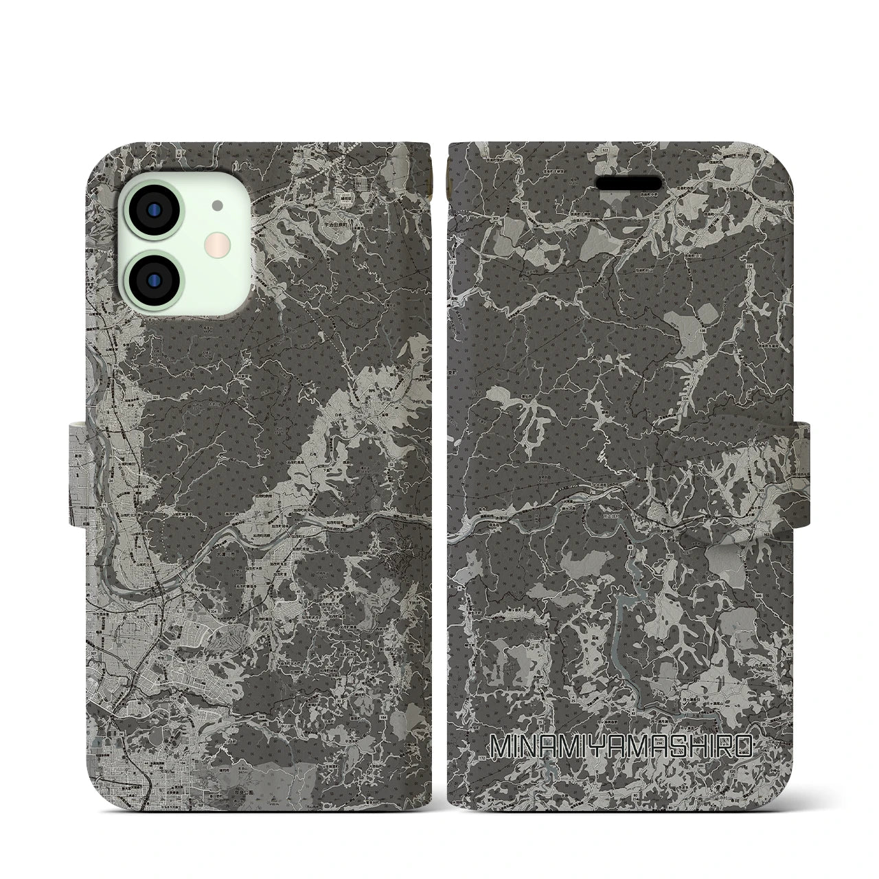 【南山城(京都府)】地図柄iPhoneケース(手帳タイプ)モノトーン・iPhone 12 mini 用