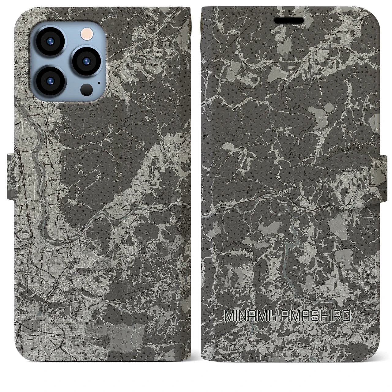 【南山城(京都府)】地図柄iPhoneケース(手帳タイプ)モノトーン・iPhone 13 Pro Max 用