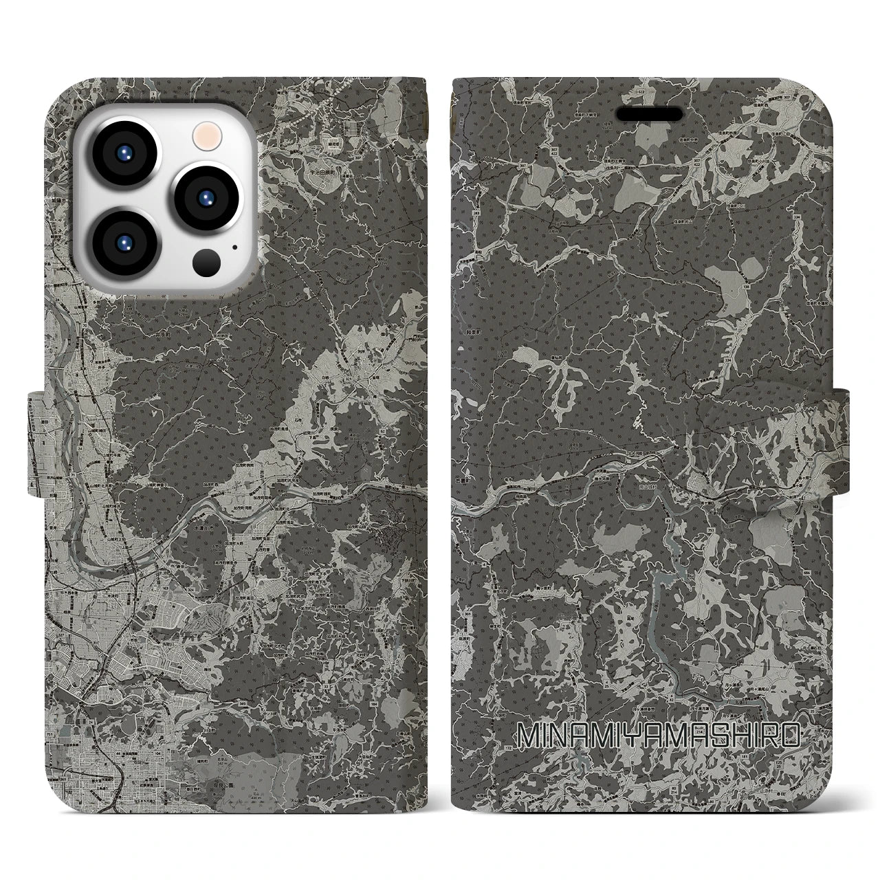 【南山城(京都府)】地図柄iPhoneケース(手帳タイプ)モノトーン・iPhone 13 Pro 用