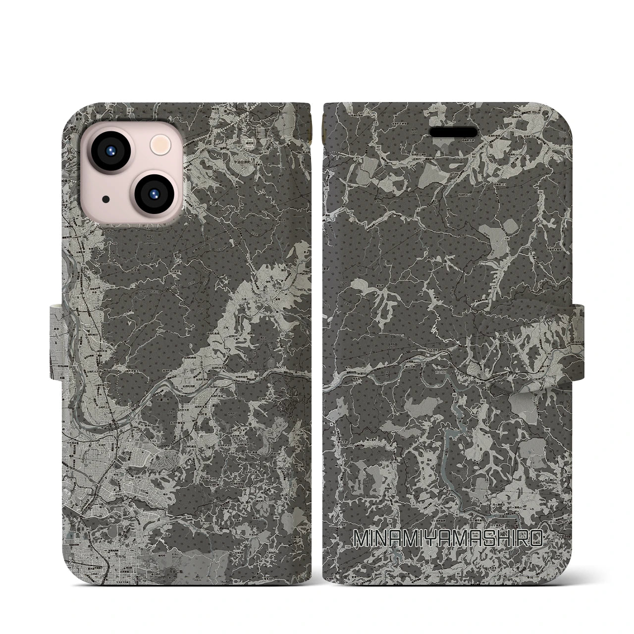 【南山城(京都府)】地図柄iPhoneケース(手帳タイプ)モノトーン・iPhone 13 mini 用